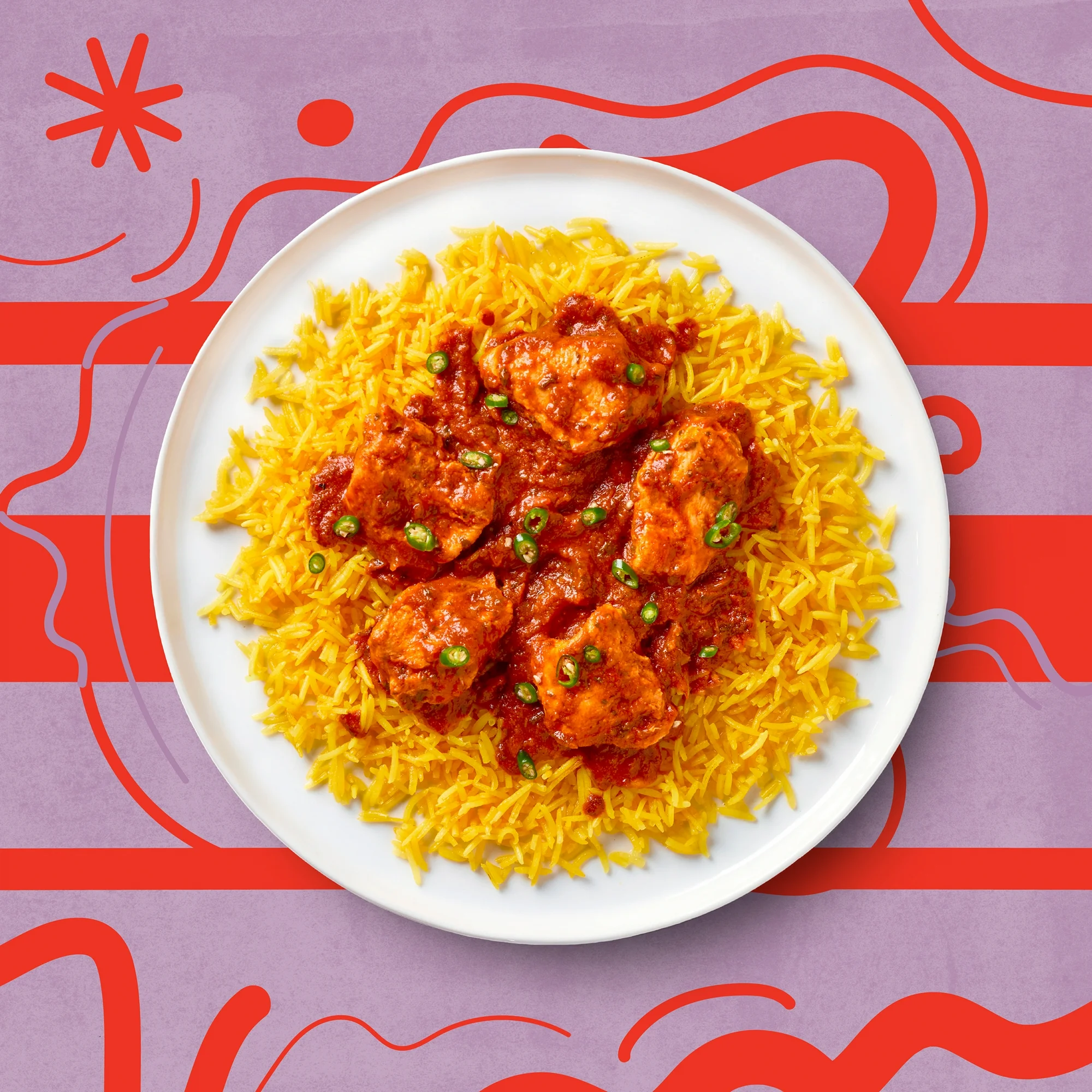 Chef Bombay Firey Chicken Curry in a bowl against a purple and red patterned background.